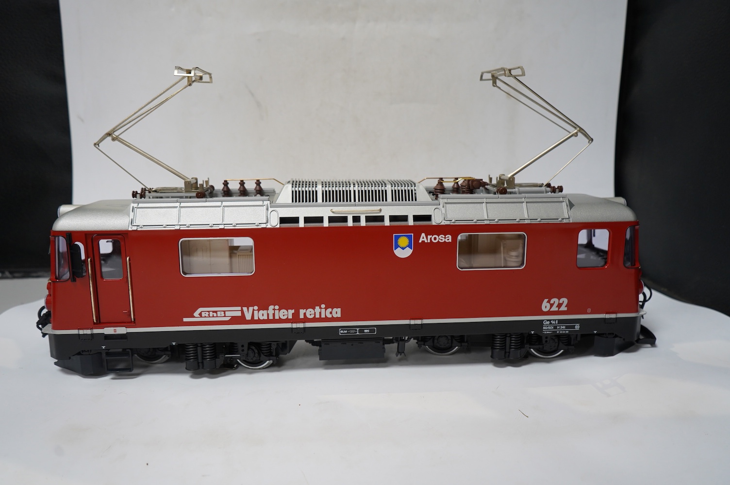 A boxed Lehman LGB (2043) G scale railway Rhatische Bahn Bo-Bo pantograph electric locomotive, 622, in red and silver livery. Condition - good, evidence of very minor running wear only.